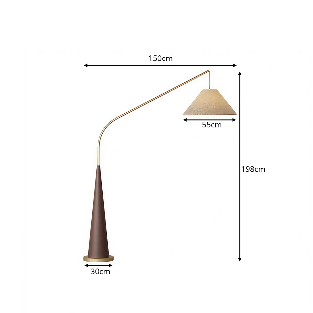 LIVARA Modern Arc Floor Lamp with Suspended Fabric Shade and Tapered Base for Living Room Reading Area - Walnut & Beige