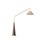 LIVARA Modern Arc Floor Lamp with Suspended Fabric Shade and Tapered Base for Living Room Reading Area - Walnut & Beige