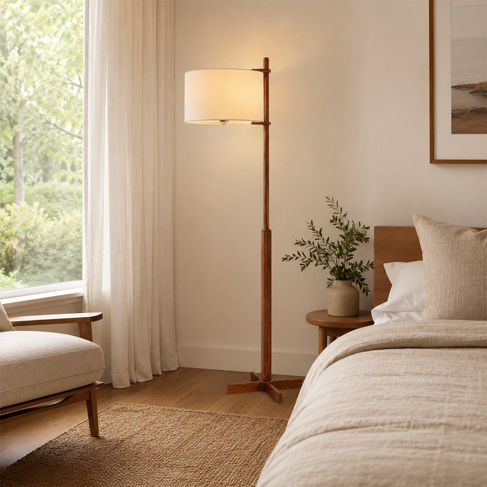 LIVARA Solid Wood Floor Lamp with Fabric Drum Shade for Living Room Bedroom - Walnut & Beige