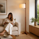 LIVARA Solid Wood Floor Lamp with Fabric Drum Shade for Living Room Bedroom - Walnut & Beige