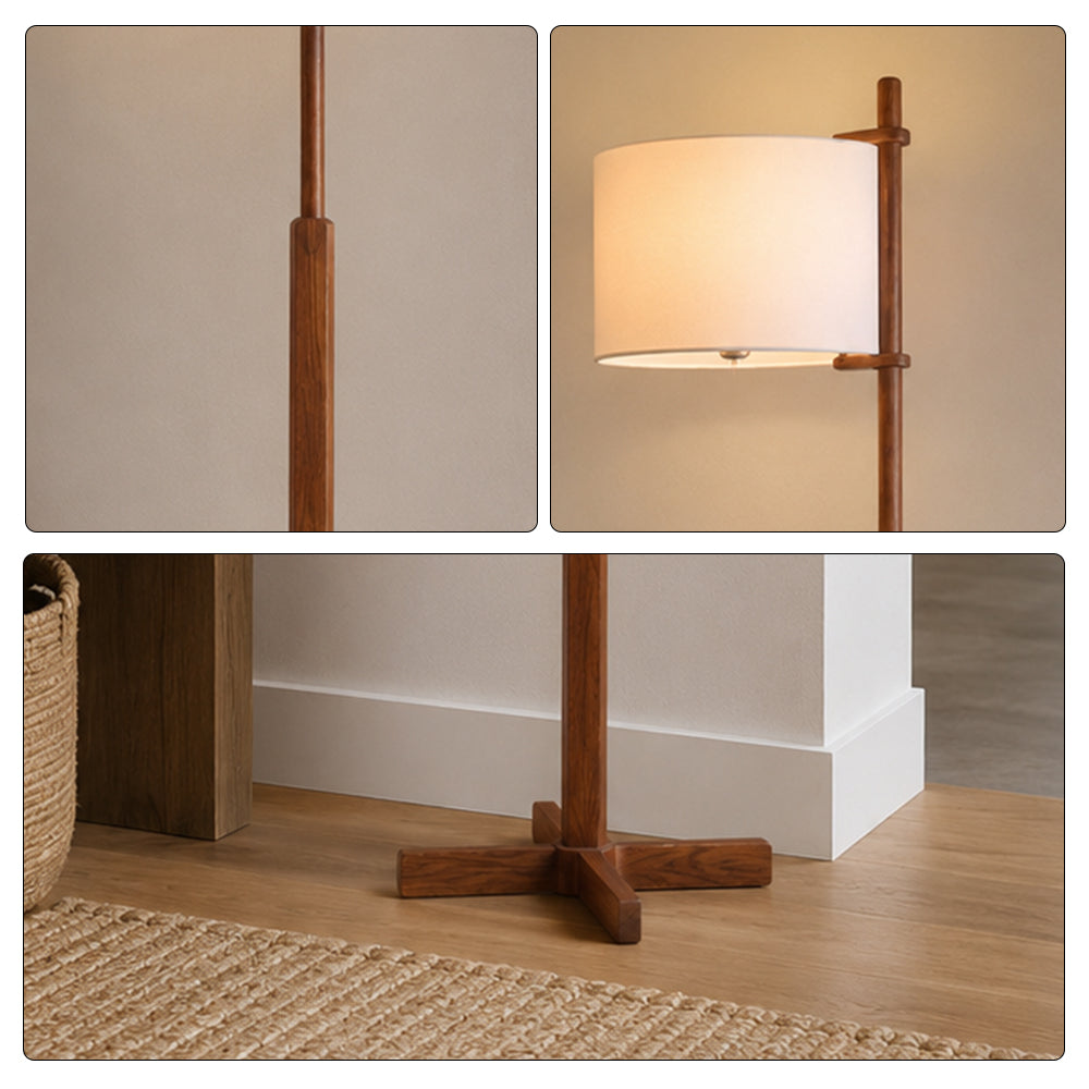 LIVARA Solid Wood Floor Lamp with Fabric Drum Shade for Living Room Bedroom - Walnut & Beige