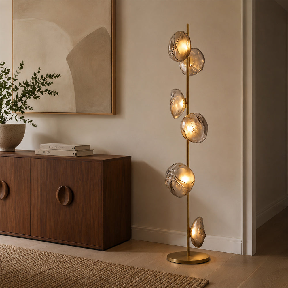 LIVARA Modern Floral Glass Floor Lamp with Sculptural Petal Shades for Living Room Bedroom - Gold & Smoke Grey