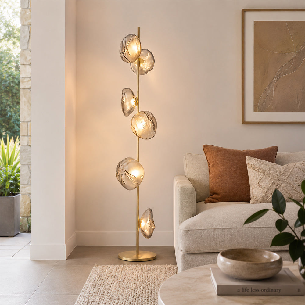 LIVARA Modern Floral Glass Floor Lamp with Sculptural Petal Shades for Living Room Bedroom - Gold & Smoke Grey