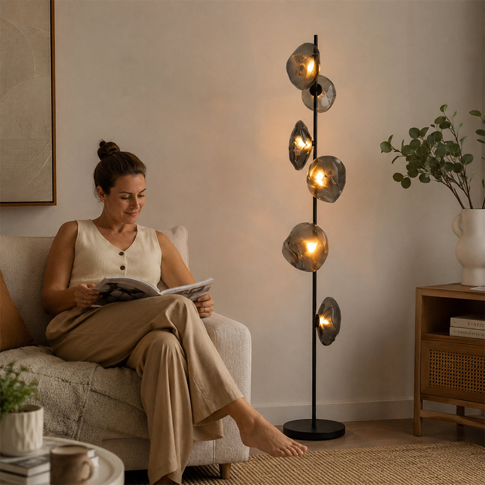 LIVARA Modern Floral Glass Floor Lamp with Sculptural Petal Shades for Living Room Bedroom - Black & Smoke Grey