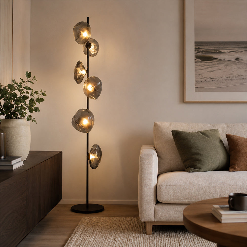 LIVARA Modern Floral Glass Floor Lamp with Sculptural Petal Shades for Living Room Bedroom - Black & Smoke Grey