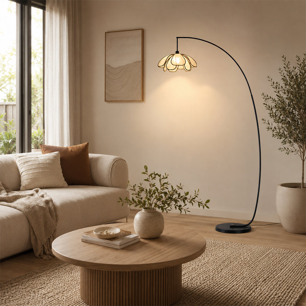 LIVARA Modern Arc Floor Lamp with Floral Petal Shade for Living Room Bedroom Reading Area - Black & Cream