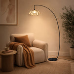 LIVARA Modern Arc Floor Lamp with Floral Petal Shade for Living Room Bedroom Reading Area - Black & Cream