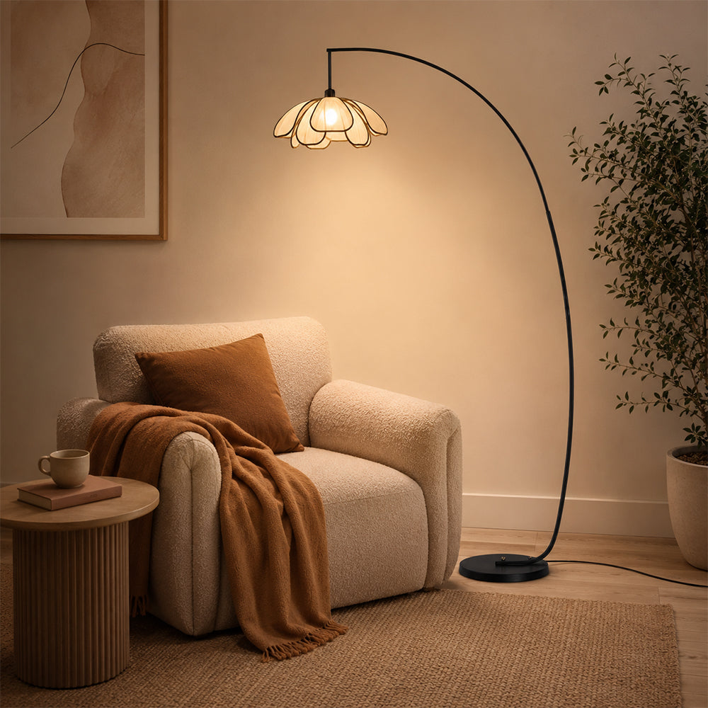 LIVARA Modern Arc Floor Lamp with Floral Petal Shade for Living Room Bedroom Reading Area - Black & Cream