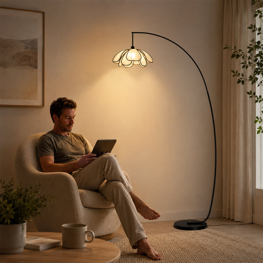 LIVARA Modern Arc Floor Lamp with Floral Petal Shade for Living Room Bedroom Reading Area - Black & Cream