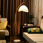 LIVARA Bamboo Arc Floor Lamp with Pleated Fabric Shade for Living Room Bedroom Reading Area - Natural Wood & Cream