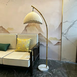 LIVARA Bamboo Arc Floor Lamp with Pleated Fabric Shade for Living Room Bedroom Reading Area - Natural Wood & Cream