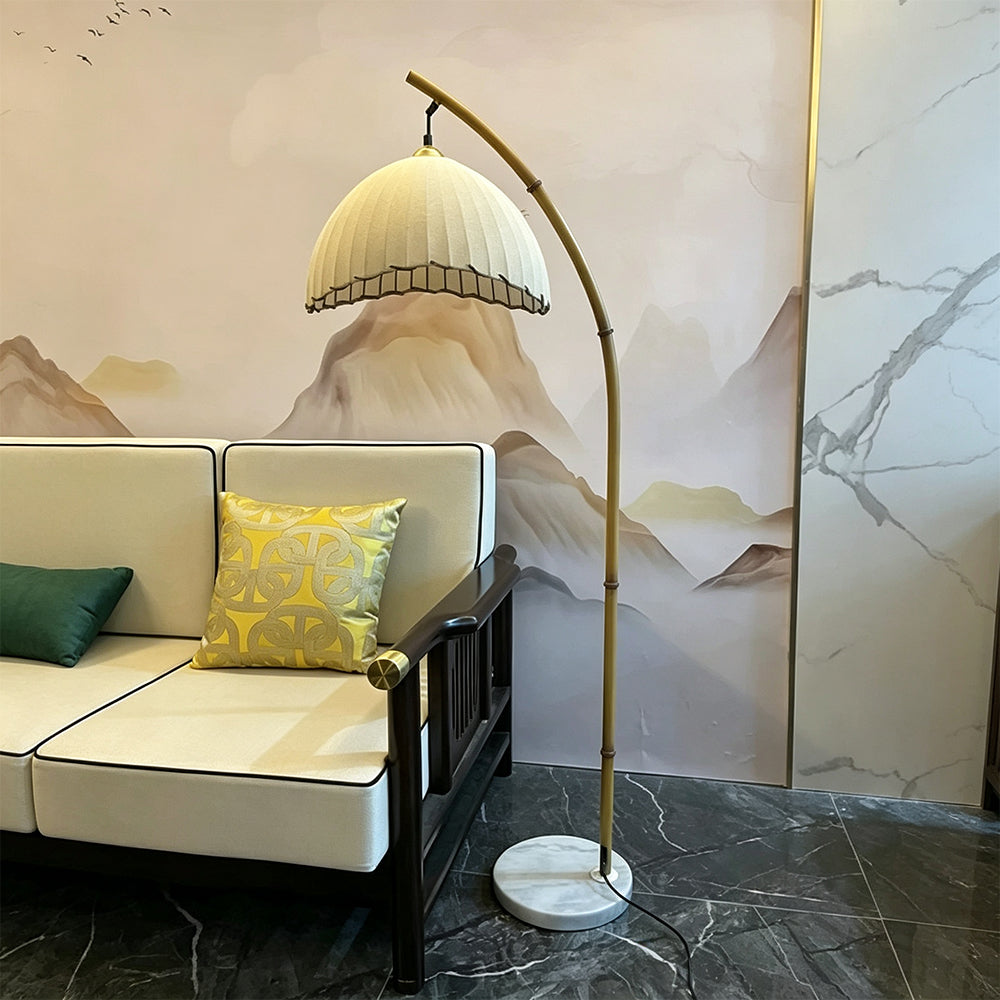 LIVARA Bamboo Arc Floor Lamp with Pleated Fabric Shade for Living Room Bedroom Reading Area - Natural Wood & Cream