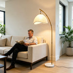 LIVARA Bamboo Arc Floor Lamp with Pleated Fabric Shade for Living Room Bedroom Reading Area - Natural Wood & Cream