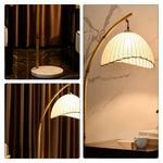LIVARA Bamboo Arc Floor Lamp with Pleated Fabric Shade for Living Room Bedroom Reading Area - Natural Wood & Cream