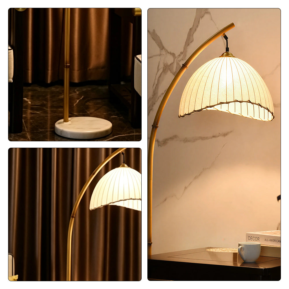 LIVARA Bamboo Arc Floor Lamp with Pleated Fabric Shade for Living Room Bedroom Reading Area - Natural Wood & Cream