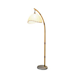 LIVARA Bamboo Arc Floor Lamp with Pleated Fabric Shade for Living Room Bedroom Reading Area - Natural Wood & Cream