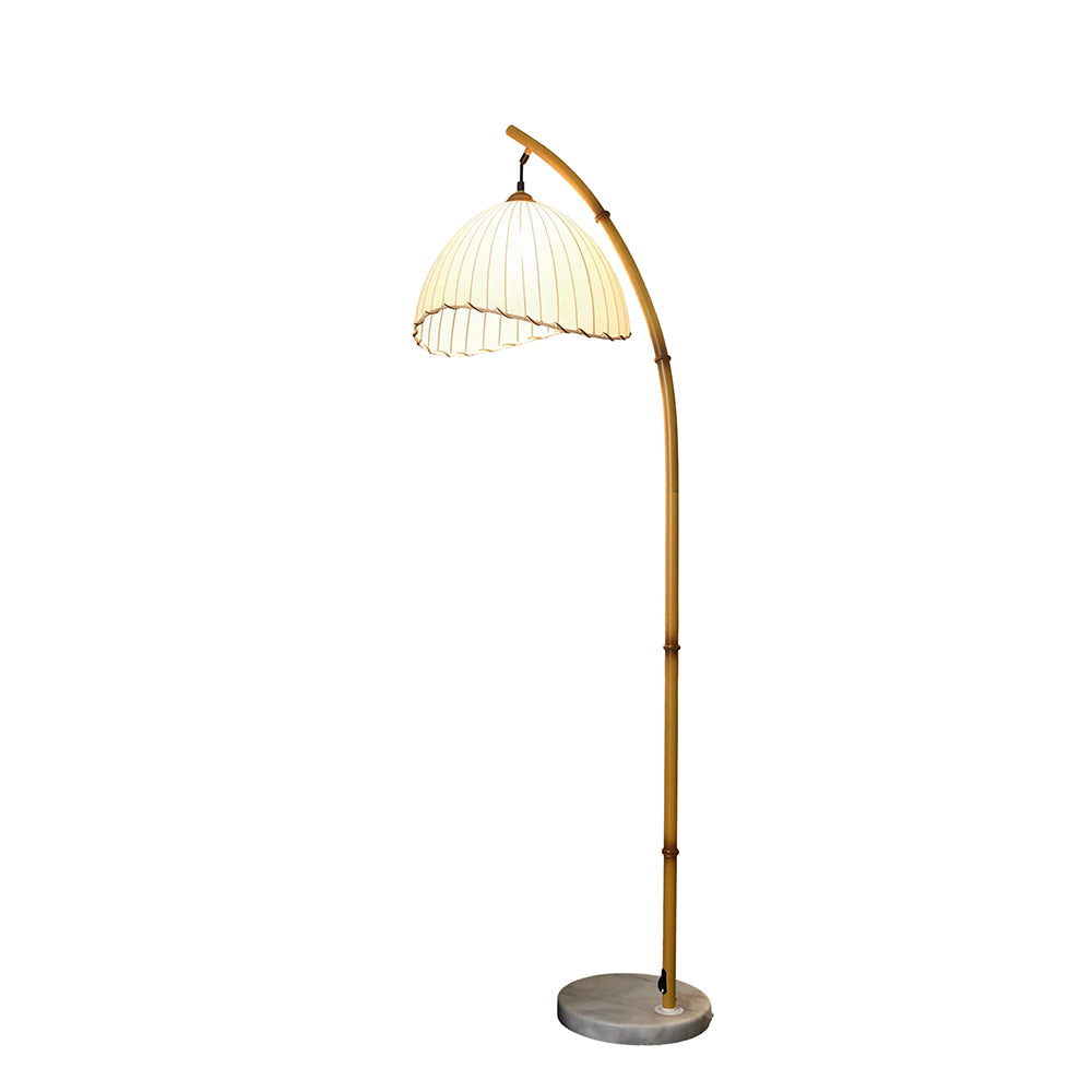 LIVARA Bamboo Arc Floor Lamp with Pleated Fabric Shade for Living Room Bedroom Reading Area - Natural Wood & Cream