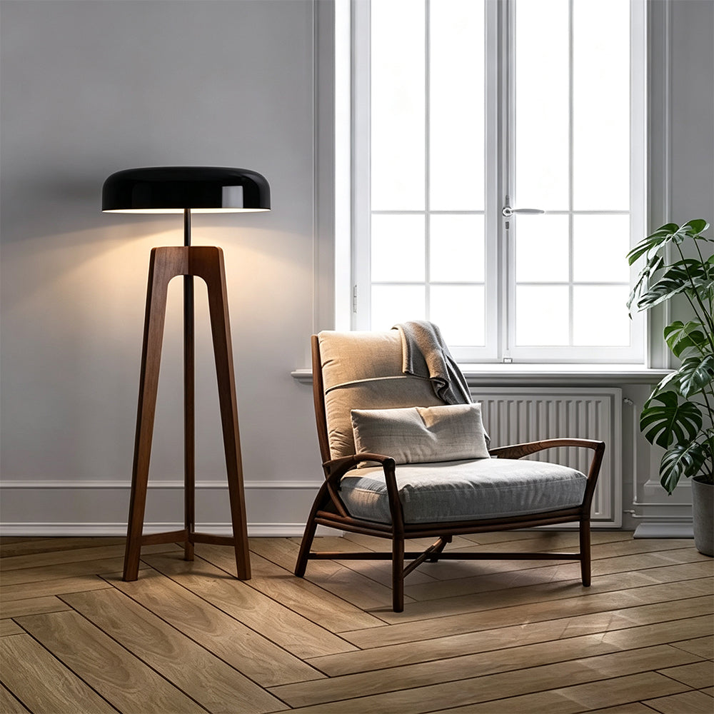 LIVARA Mid-Century Solid Wood Tripod Floor Lamp with Dome Shade for Living Room Bedroom - Walnut & Black