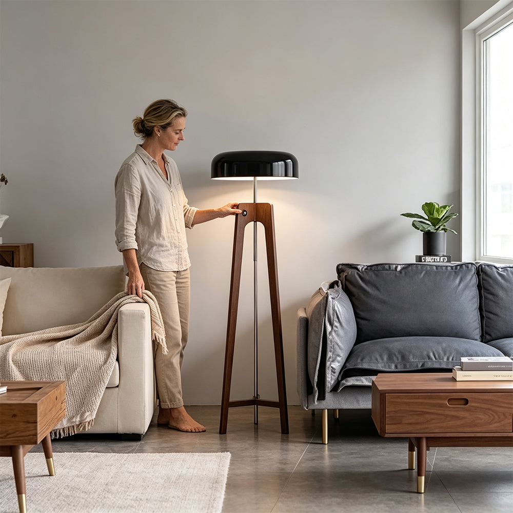 LIVARA Mid-Century Solid Wood Tripod Floor Lamp with Dome Shade for Living Room Bedroom - Walnut & Black