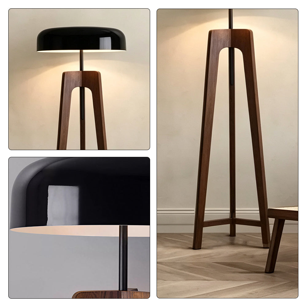 LIVARA Mid-Century Solid Wood Tripod Floor Lamp with Dome Shade for Living Room Bedroom - Walnut & Black