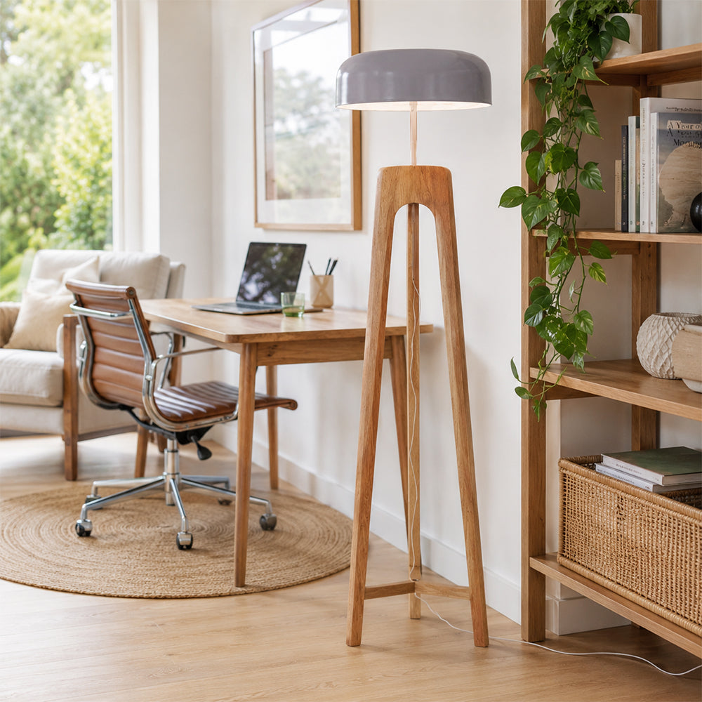 LIVARA Mid-Century Solid Wood Tripod Floor Lamp with Dome Shade for Living Room Bedroom - Walnut & White