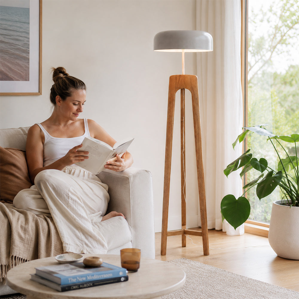 LIVARA Mid-Century Solid Wood Tripod Floor Lamp with Dome Shade for Living Room Bedroom - Walnut & White