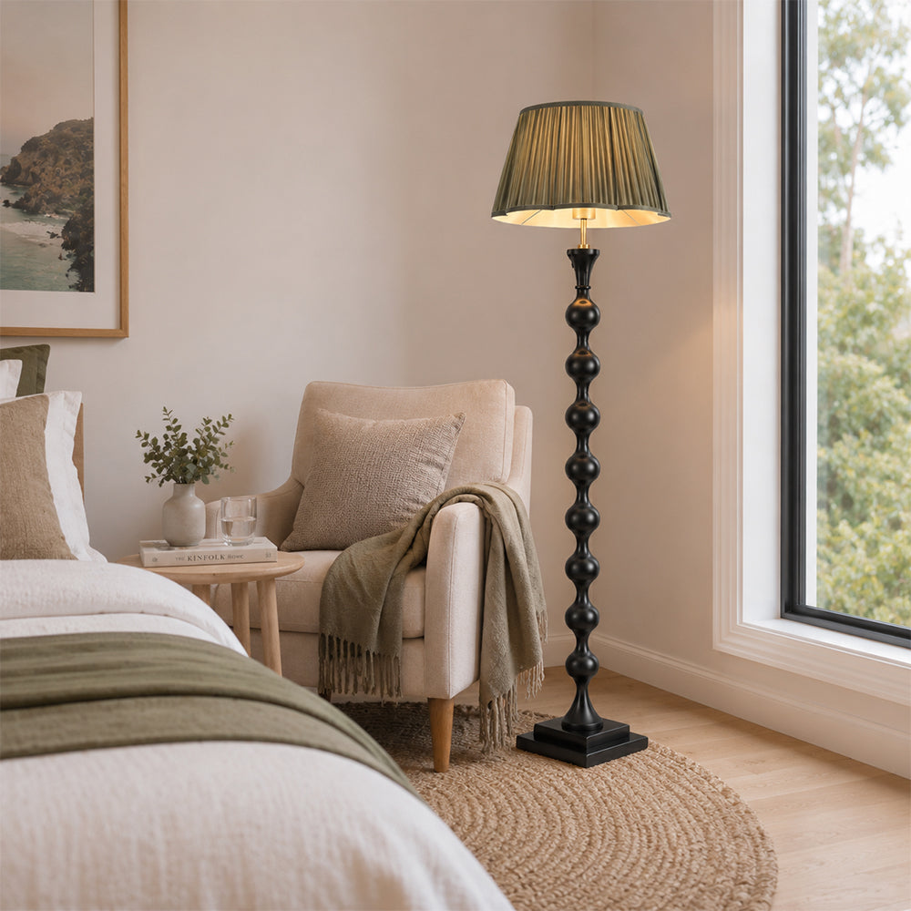 LIVARA Sculptural Beaded Floor Lamp with Pleated Fabric Shade for Living Room Bedroom - Black & Dark Green