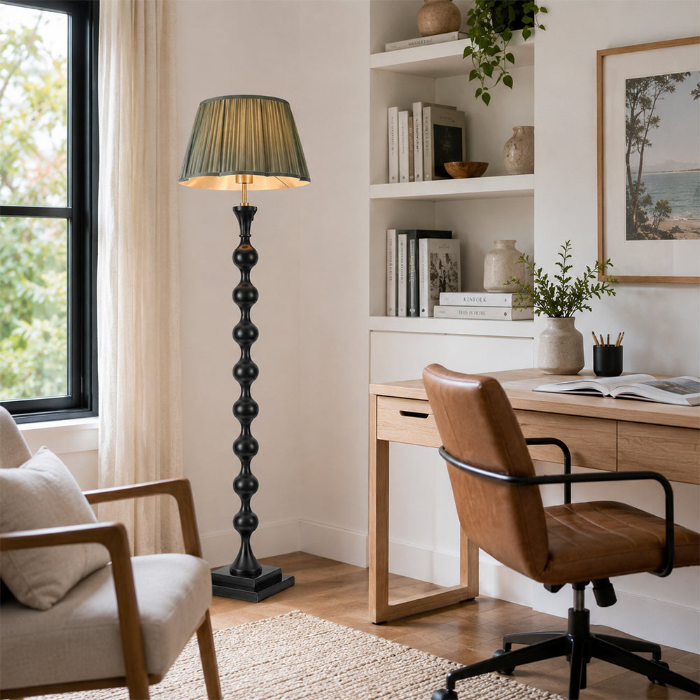 LIVARA Sculptural Beaded Floor Lamp with Pleated Fabric Shade for Living Room Bedroom - Black & Dark Green