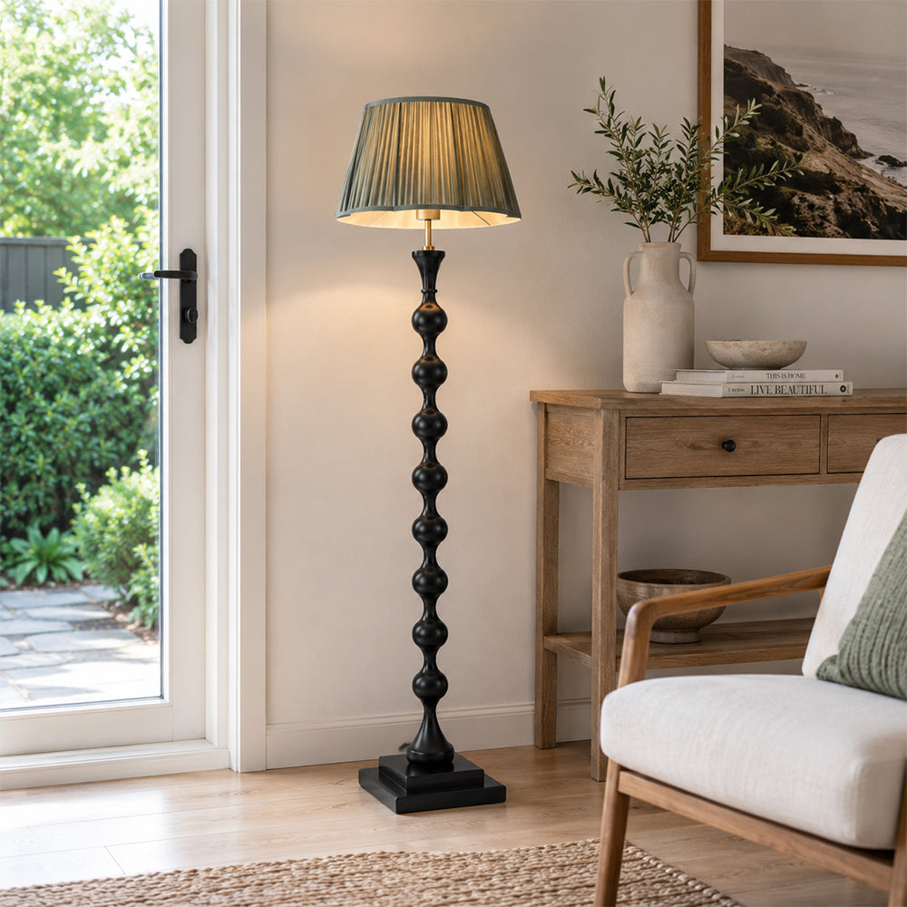 LIVARA Sculptural Beaded Floor Lamp with Pleated Fabric Shade for Living Room Bedroom - Black & Dark Green