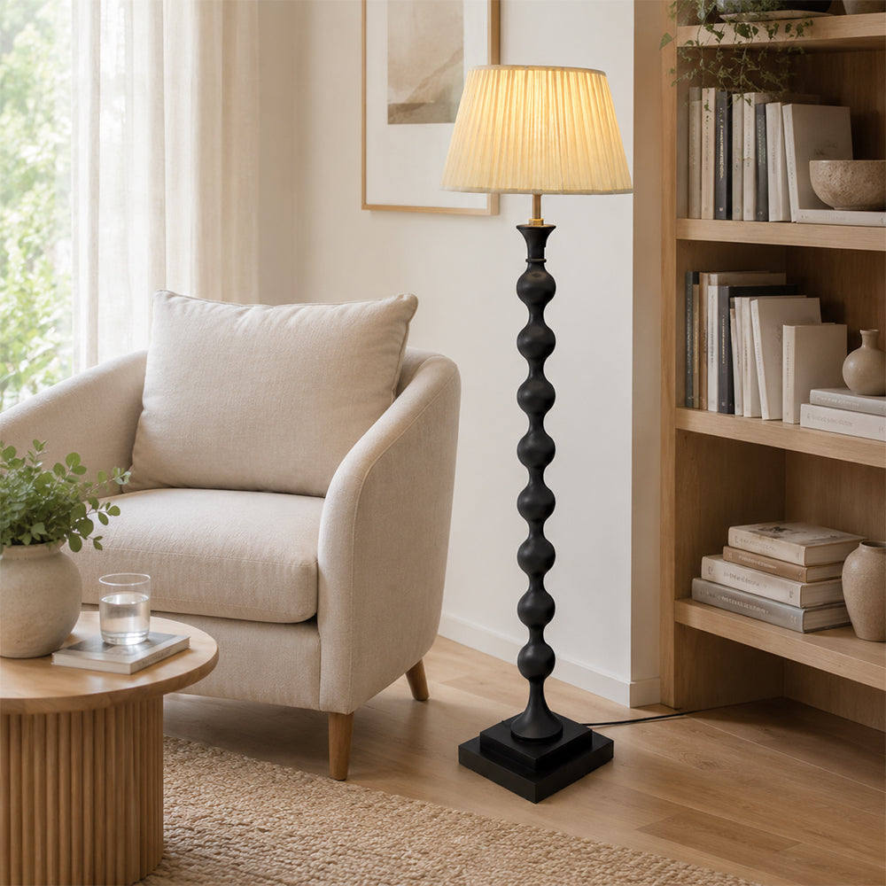 LIVARA Sculptural Beaded Floor Lamp with Pleated Fabric Shade for Living Room Bedroom - Black & White