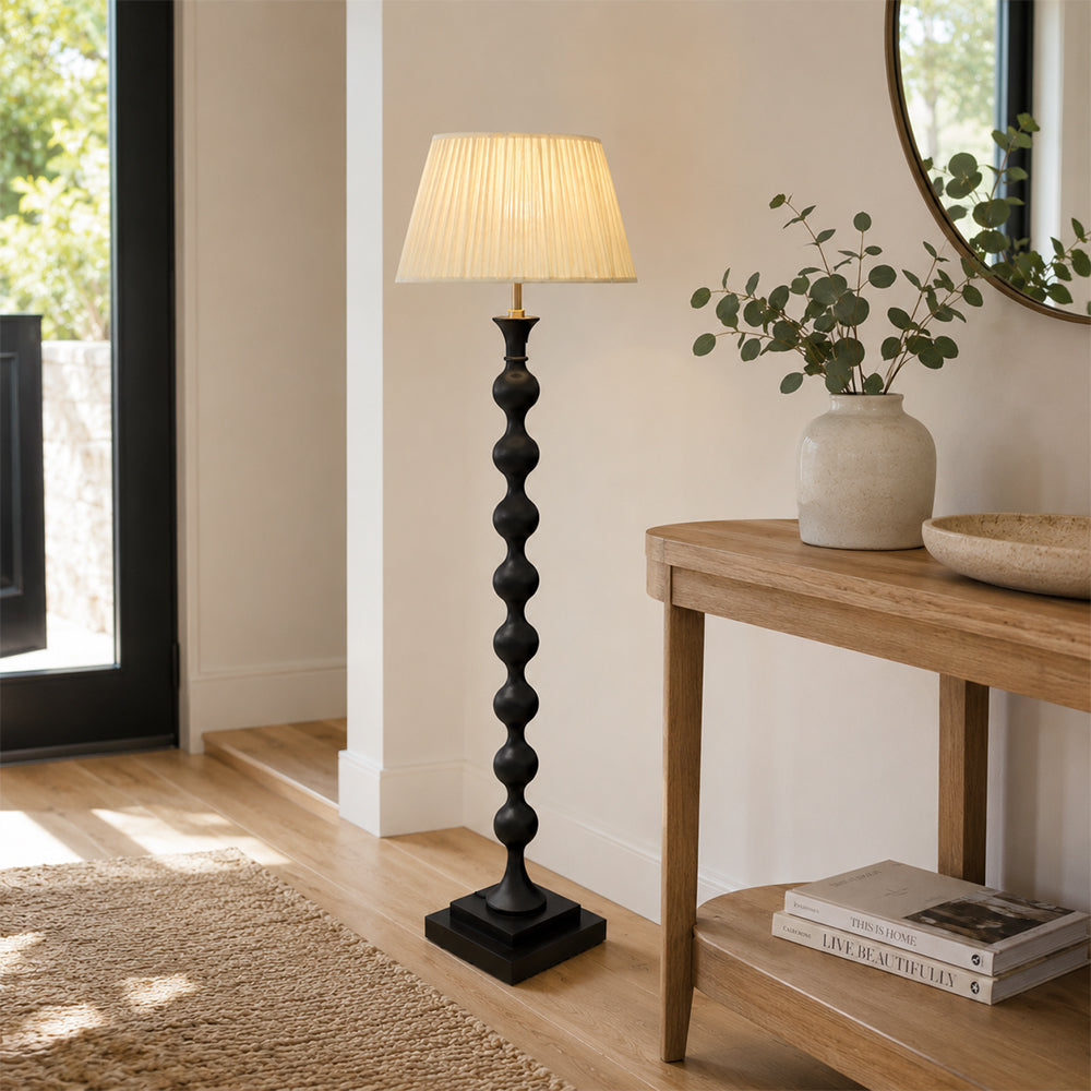 LIVARA Sculptural Beaded Floor Lamp with Pleated Fabric Shade for Living Room Bedroom - Black & White