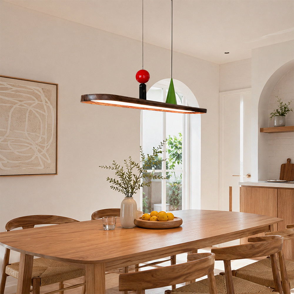 LIVARA Modern Linear Pendant Light with Wood Grain Bar and Integrated LED for Dining Room Kitchen Island - Walnut