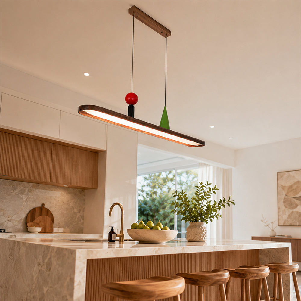 LIVARA Modern Linear Pendant Light with Wood Grain Bar and Integrated LED for Dining Room Kitchen Island - Walnut