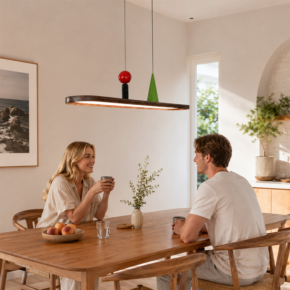 LIVARA Modern Linear Pendant Light with Wood Grain Bar and Integrated LED for Dining Room Kitchen Island - Walnut