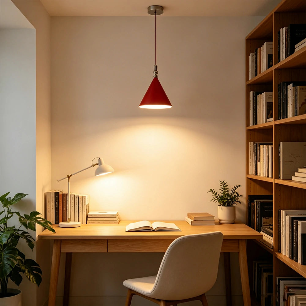LIVARA Modern Cone Pendant Light with Wide Metal Shade for Dining Room Kitchen Island - Red & Chrome