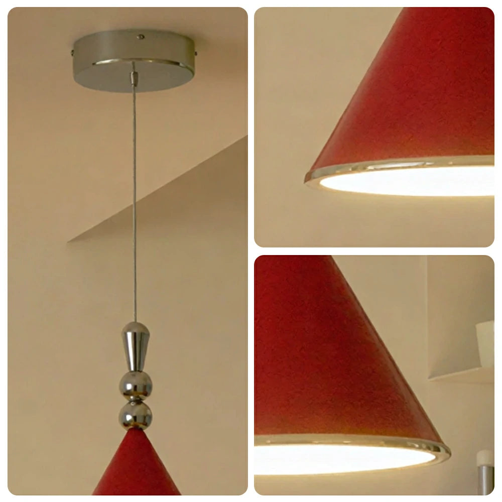LIVARA Modern Cone Pendant Light with Wide Metal Shade for Dining Room Kitchen Island - Red & Chrome