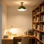 LIVARA LIVARA Mid-Century Semi Flush Ceiling Light with Scalloped Dome Shade and Wood Bead Accents - Olive Green & White