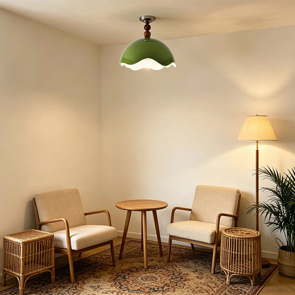 LIVARA LIVARA Mid-Century Semi Flush Ceiling Light with Scalloped Dome Shade and Wood Bead Accents - Olive Green & White