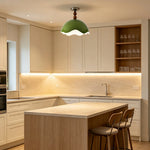 LIVARA LIVARA Mid-Century Semi Flush Ceiling Light with Scalloped Dome Shade and Wood Bead Accents - Olive Green & White