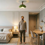 LIVARA LIVARA Mid-Century Semi Flush Ceiling Light with Scalloped Dome Shade and Wood Bead Accents - Olive Green & White
