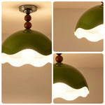 LIVARA LIVARA Mid-Century Semi Flush Ceiling Light with Scalloped Dome Shade and Wood Bead Accents - Olive Green & White