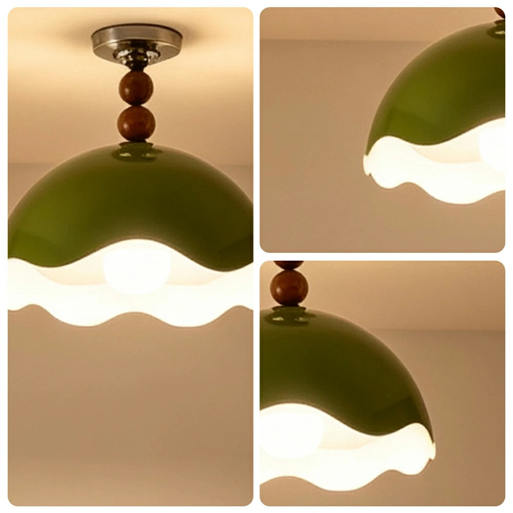 LIVARA LIVARA Mid-Century Semi Flush Ceiling Light with Scalloped Dome Shade and Wood Bead Accents - Olive Green & White