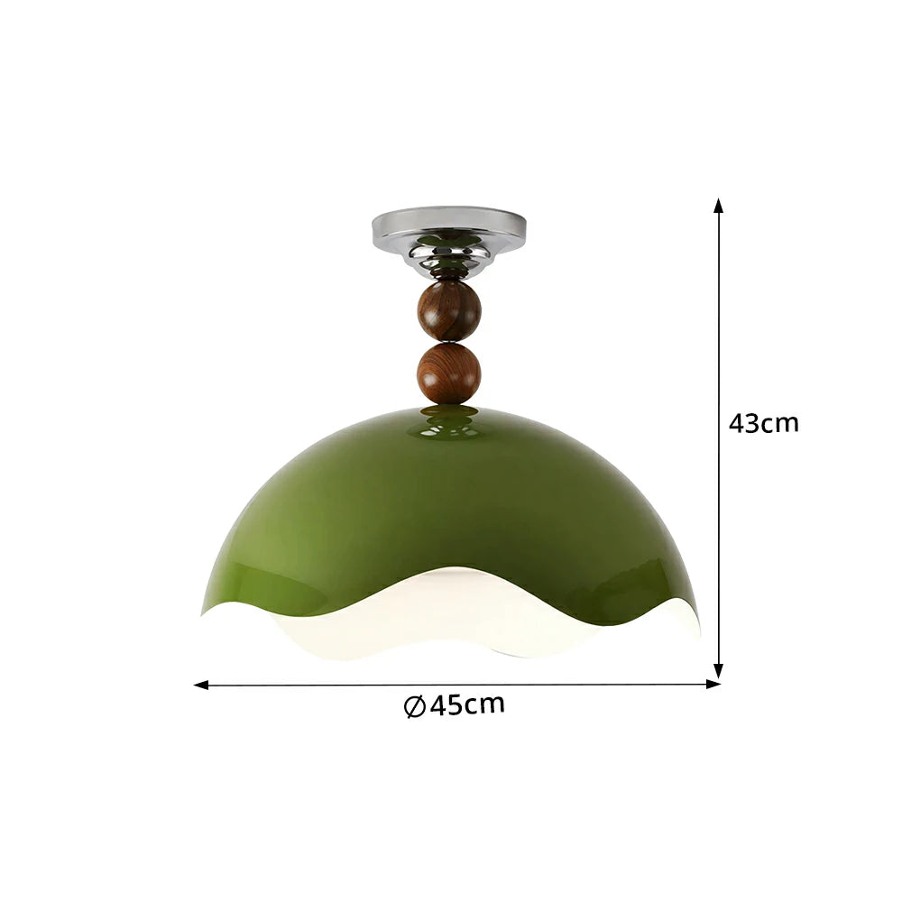 LIVARA LIVARA Mid-Century Semi Flush Ceiling Light with Scalloped Dome Shade and Wood Bead Accents - Olive Green & White