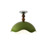 LIVARA LIVARA Mid-Century Semi Flush Ceiling Light with Scalloped Dome Shade and Wood Bead Accents - Olive Green & White