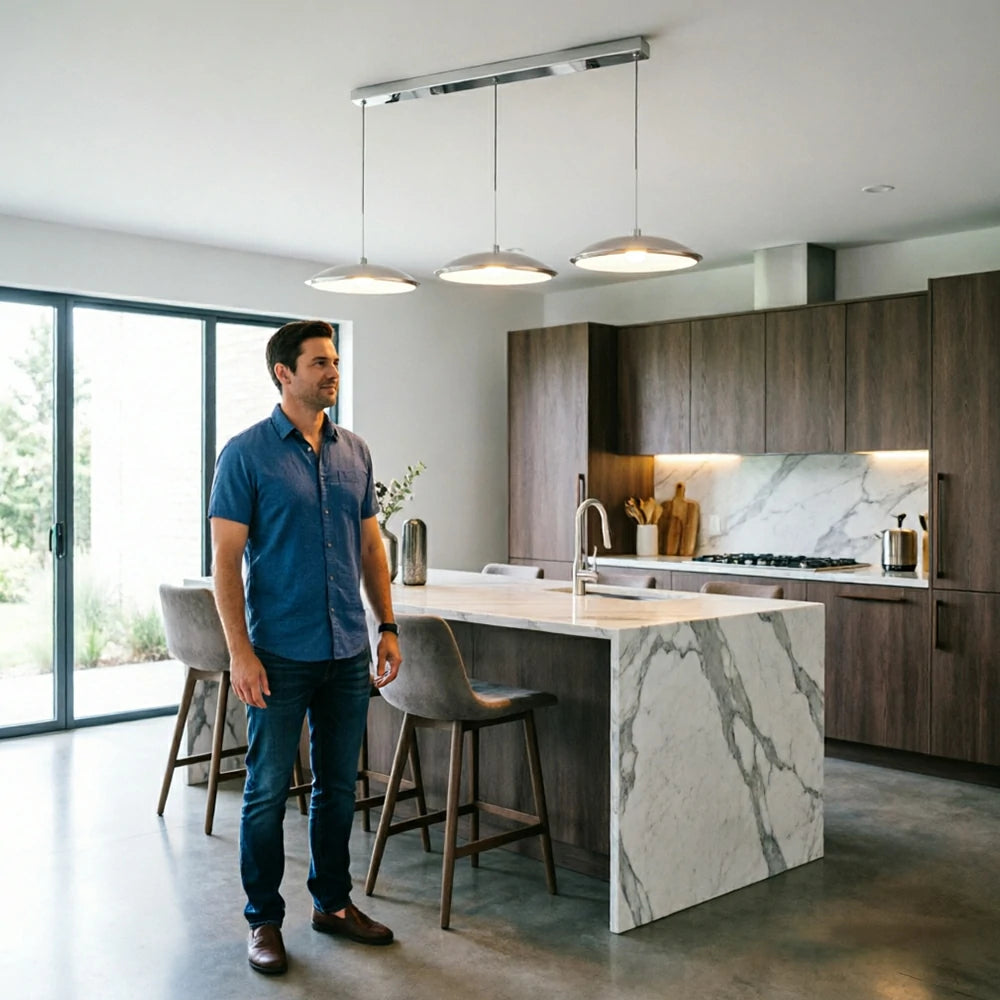 LIVARA Modern 3 Light Linear Pendant with Disc Shades for Dining Room Kitchen Island - Chrome