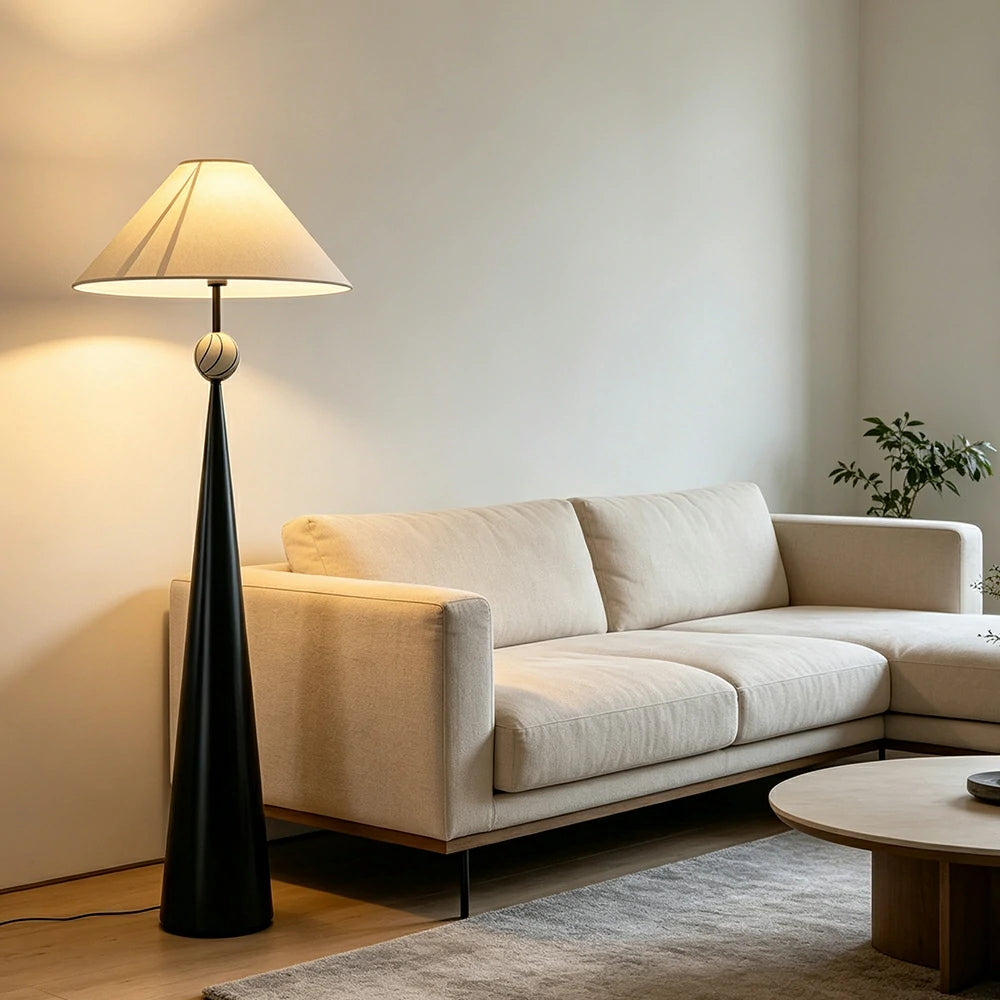 LIVARA Modern Cone Floor Lamp with Fabric Shade for Living Room Bedroom - Black & Cream