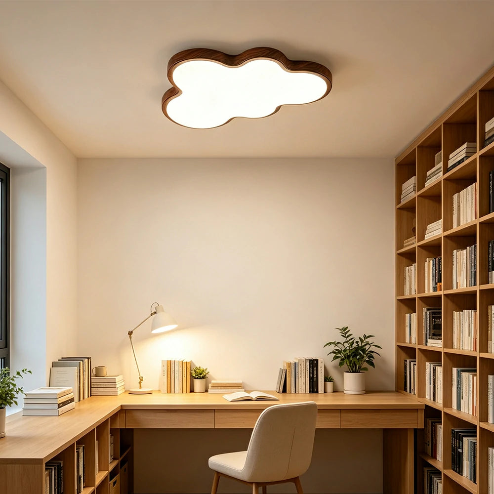 LIVARA Cloud-Shaped LED Ceiling Light Wood Grain Flush Mount for Kids Room Bedroom - Walnut
