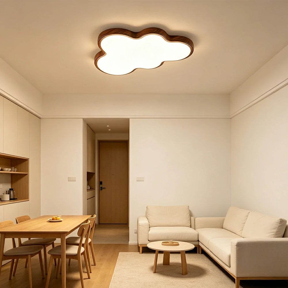 LIVARA Cloud-Shaped LED Ceiling Light Wood Grain Flush Mount for Kids Room Bedroom - Walnut