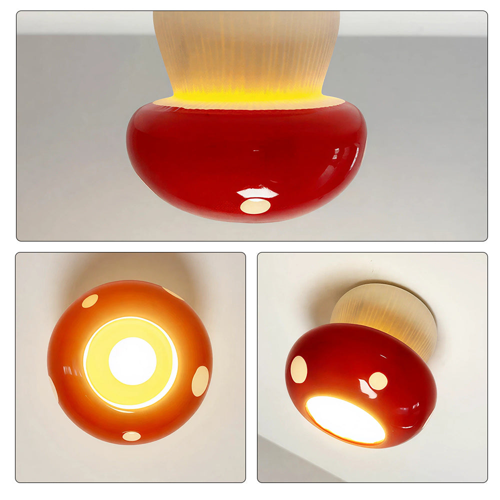 LIVARA Mushroom-Shaped LED Ceiling Light Wood Grain Flush Mount for Kids Room Bedroom & Hallway - Red