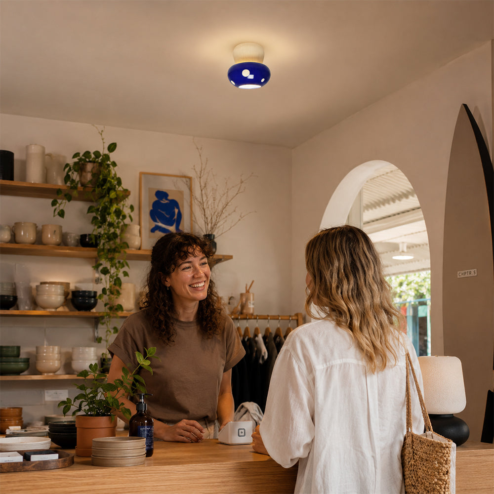 LIVARA Mushroom-Shaped LED Ceiling Light Wood Grain Flush Mount for Kids Room Bedroom & Hallway - Blue
